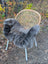 Gray faux fur british isles sheepskin chair cover draped over woven wicker chair with white metal legs