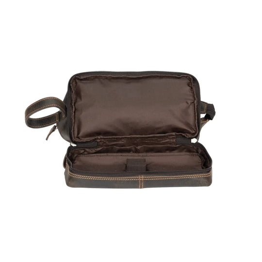 Napier leather toiletry bag in dark brown with tan stitching, sturdy zipper