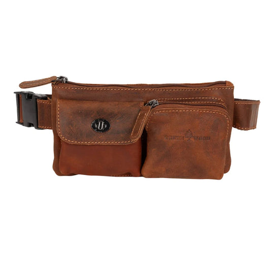 Bum bag Kakadu in wax pull-up leather with zip compartments and black buckle