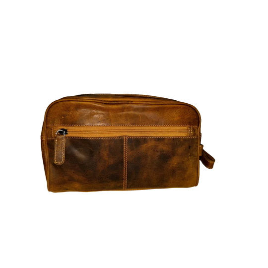 Leather Banff toiletry bag in well-worn brown wax pull-up leather