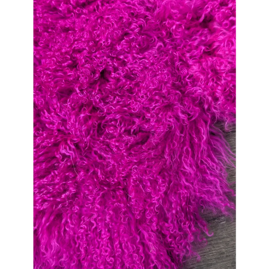 Vibrant hot pink curly sheepskin rug, 64x39 plush Angus Oliver fur
