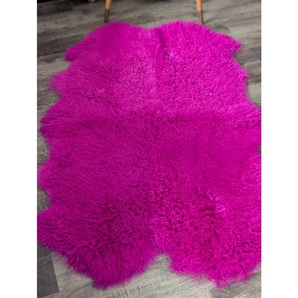 Vibrant hot pink Angus Oliver curly sheepskin rug, plush 64x39 inches