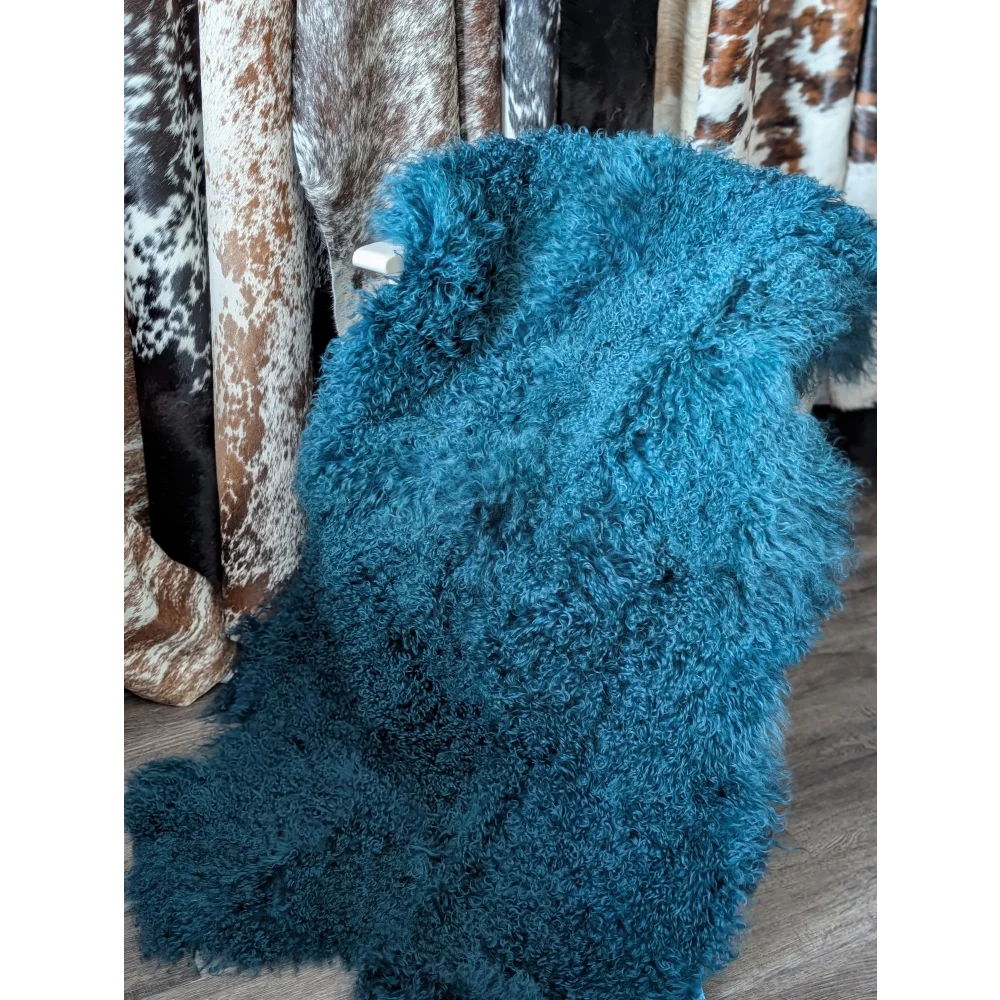 Vibrant dark teal curly sheepskin rug by Angus Oliver, plush 67x40 inch
