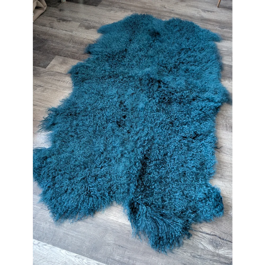 Cozy dark teal Angus Oliver sheepskin rug, 67x40 plush curly texture