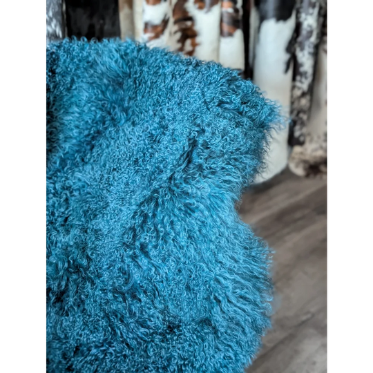 Vibrant dark teal curly sheepskin throw blanket by Angus Oliver, 67x40 inches