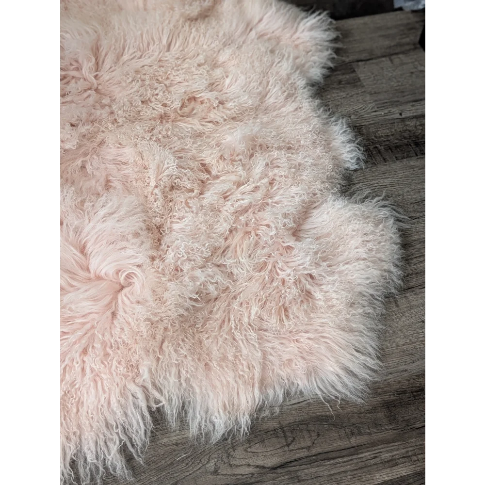 Blush pink Angus Oliver sheepskin rug, plush curly 69x43 inches