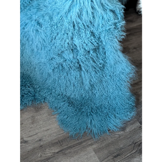 Vibrant turquoise 71x49in Mongolian sheepskin rug with curly fibers