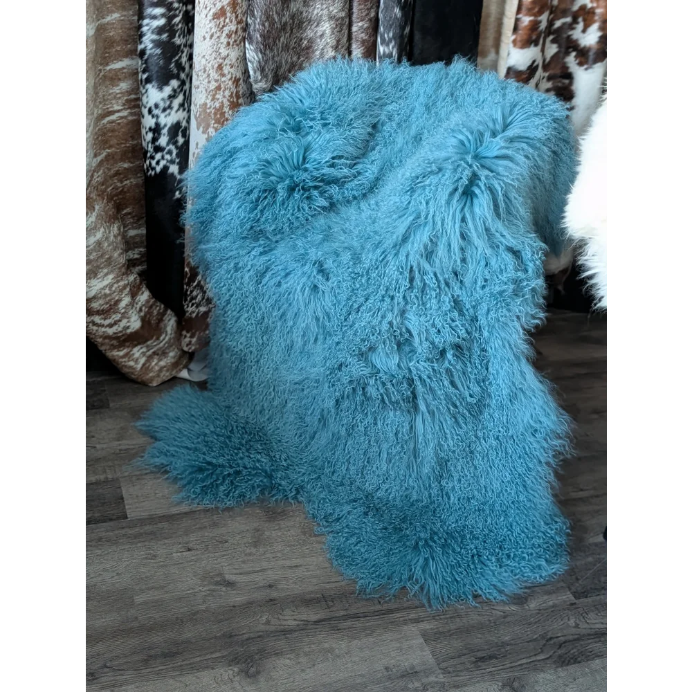 Vibrant turquoise plush sheepskin rug, 71x49in aqua Mongolian throw