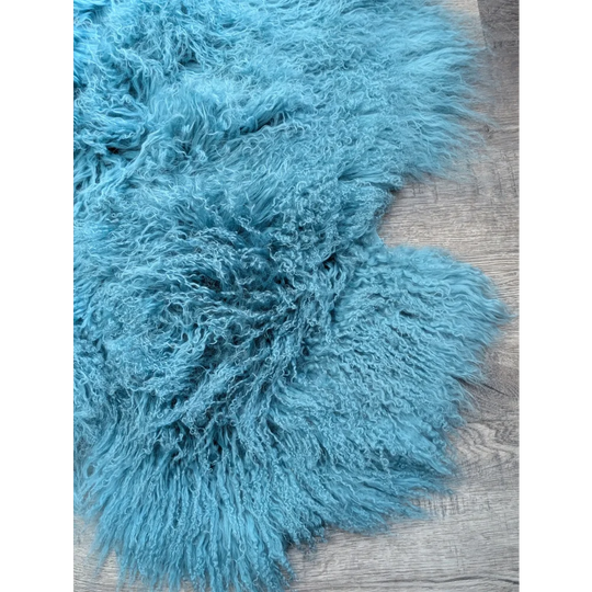 Gorgeous 71’’ x 49’’ aqua Mongolian sheepskin rug, plush curly texture
