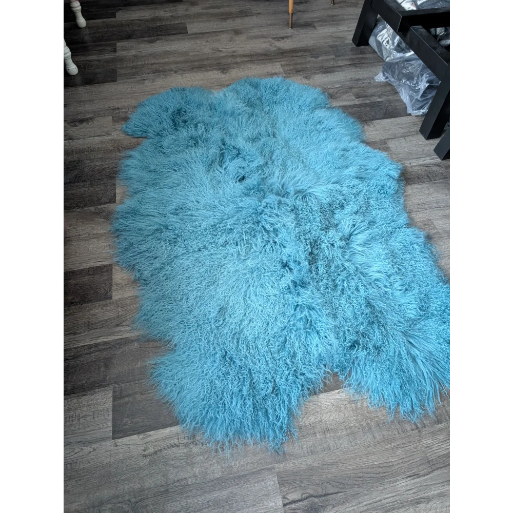 Gorgeous 71x49 aqua Mongolian sheepskin rug with fluffy texture