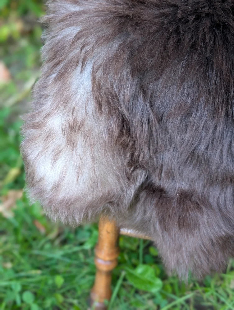 A plush dark gray british isles sheepskin coat with soft dense faux fur and subtle lighter patches