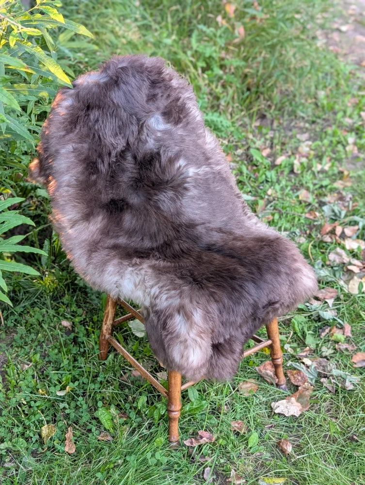 A plush dark gray and white british isles sheepskin rug draped over a wooden chair for cozy seating