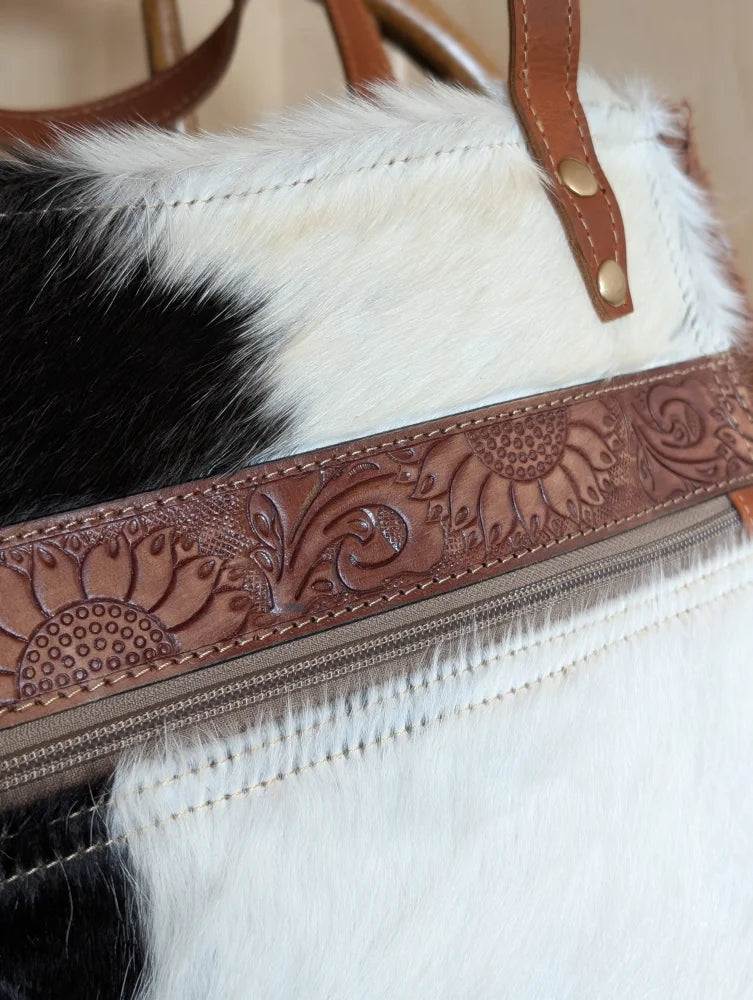 #1 oakley bag with real cowhide black and white body and brown leather sunflower embossed strap for a spacious bag