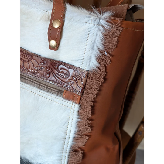 #1 oakley bag with brown real cowhide leather strap, gold hardware, embossed floral pattern, white fur trim, spacious bag