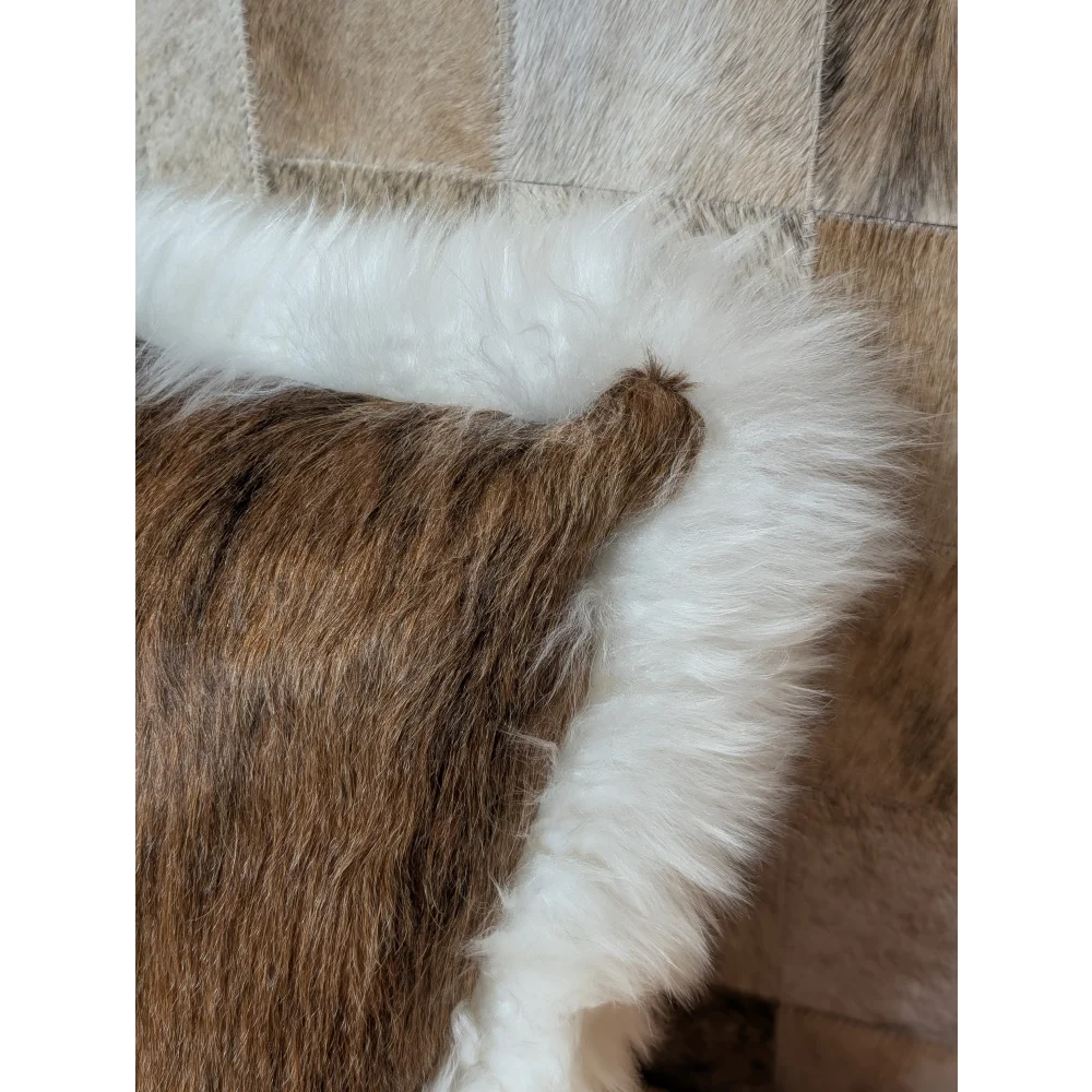 Brown and white faux fur merino sheepskin pillow with plush texture by angus oliver canada