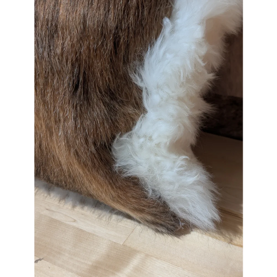 A fluffy white merino sheepskin paw with soft fur contrasting brown fur on angus oliver canada cowhide cushion