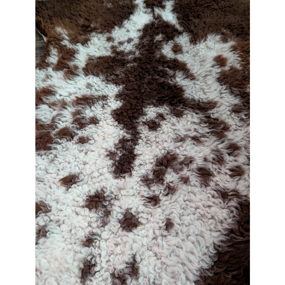 A plush grade a- highland spotted sheepskin rug with curly brown and white natural pattern from tibet highland