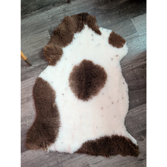 A plush grade a- sheepskin rug with a natural white and brown highland spotted cow-print pattern