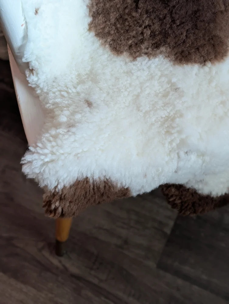 A cozy grade a- highland spotted sheepskin rug with fluffy white and brown fur texture perfect for home decor
