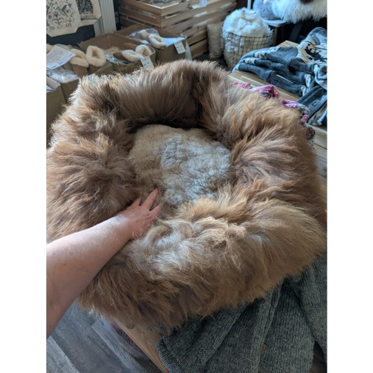 Cozy #11 Long Wool highland sheepskin pet bed with soft brown fur