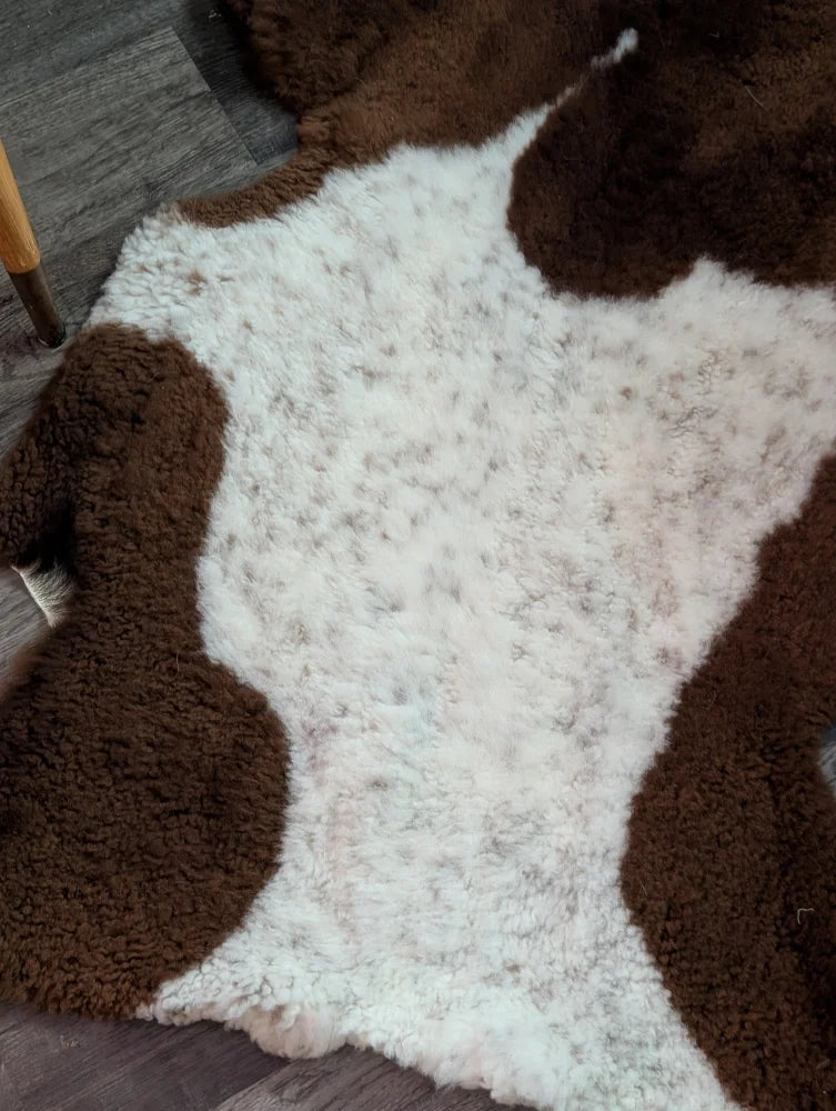 Brown and white plush highland spotted sheepskin grade a- rug with soft texture perfect for cozy decor