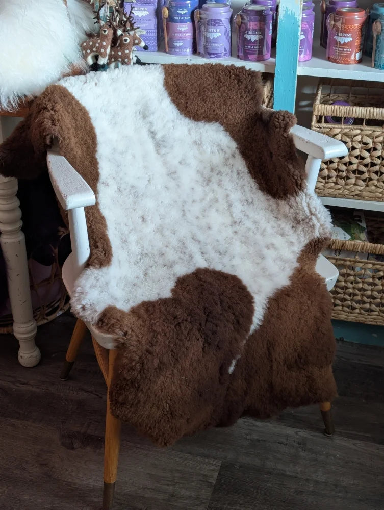 A cozy brown and white highland spotted grade a sheepskin rug draped over a wooden chair