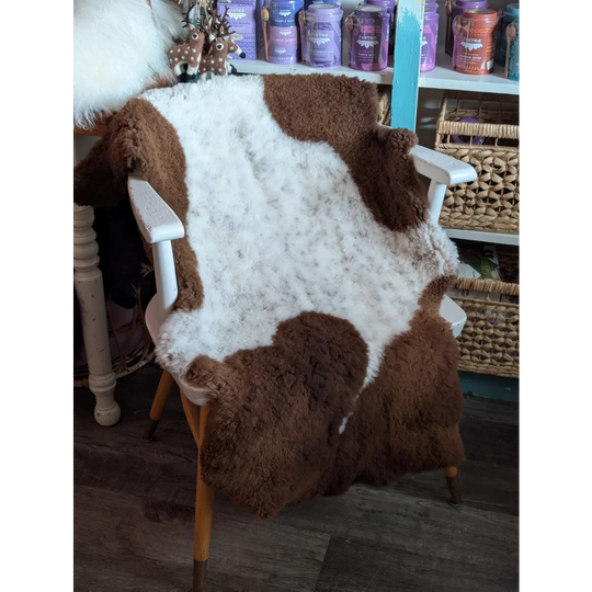 A cozy brown and white highland spotted grade a sheepskin rug draped over a wooden chair