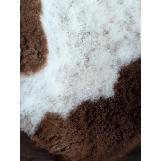 A plush grade a- sheepskin rug with highland spotted white and brown tones perfect for cozy decor