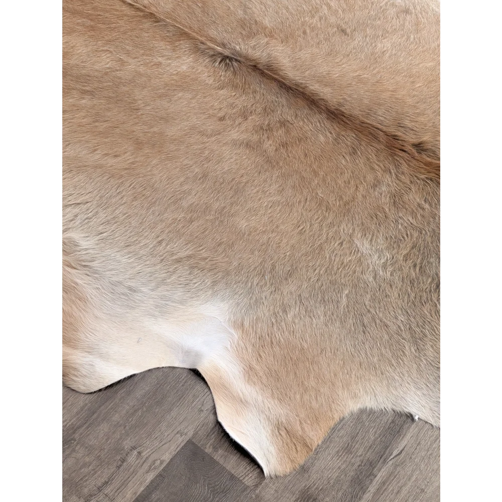 Tan extra large cowhide rug with beautiful rustic charm featuring a soft texture and subtle white underbelly