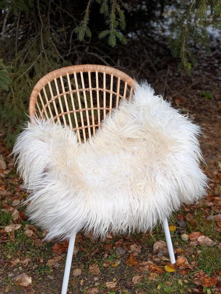 A cozy natural white icelandic sheepskin long wool throw draped over a woven rattan chair with white legs