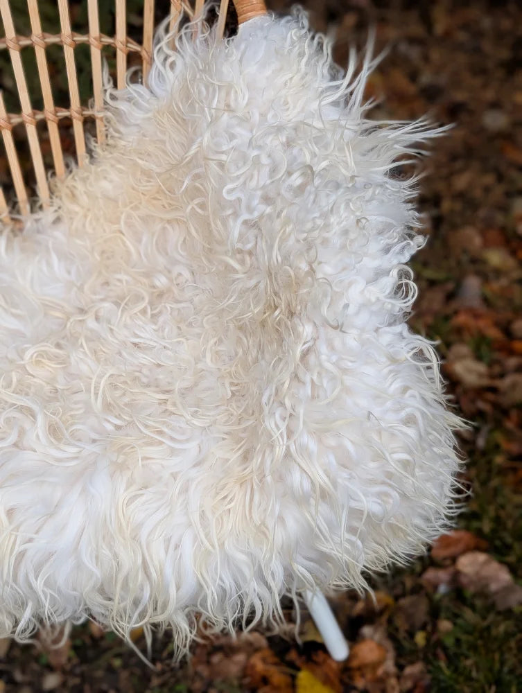 A large long wool natural white icelandic sheepskin draped over a woven chair showing plush curly texture