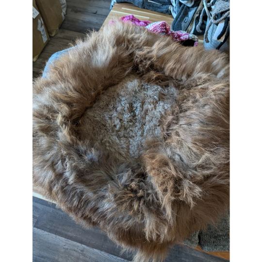 Cozy #13 long wool highland sheepskin pet bed with brown fur, gray lining, purple accents