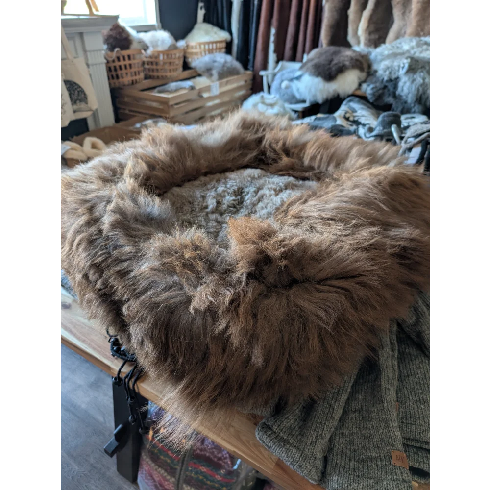 Cozy #13 Long Wool highland sheepskin pet bed with brown fur and wooden frame