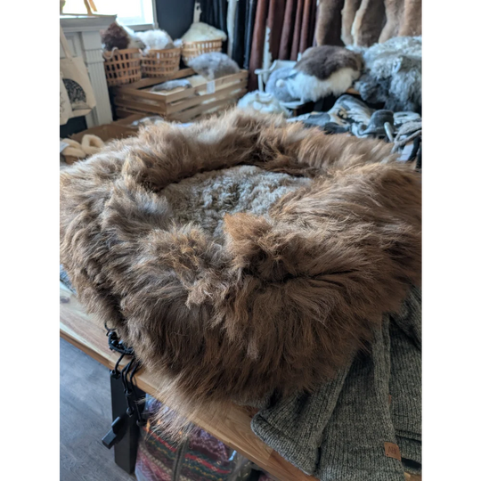 Cozy #13 Long Wool highland sheepskin pet bed with brown fur and wooden frame