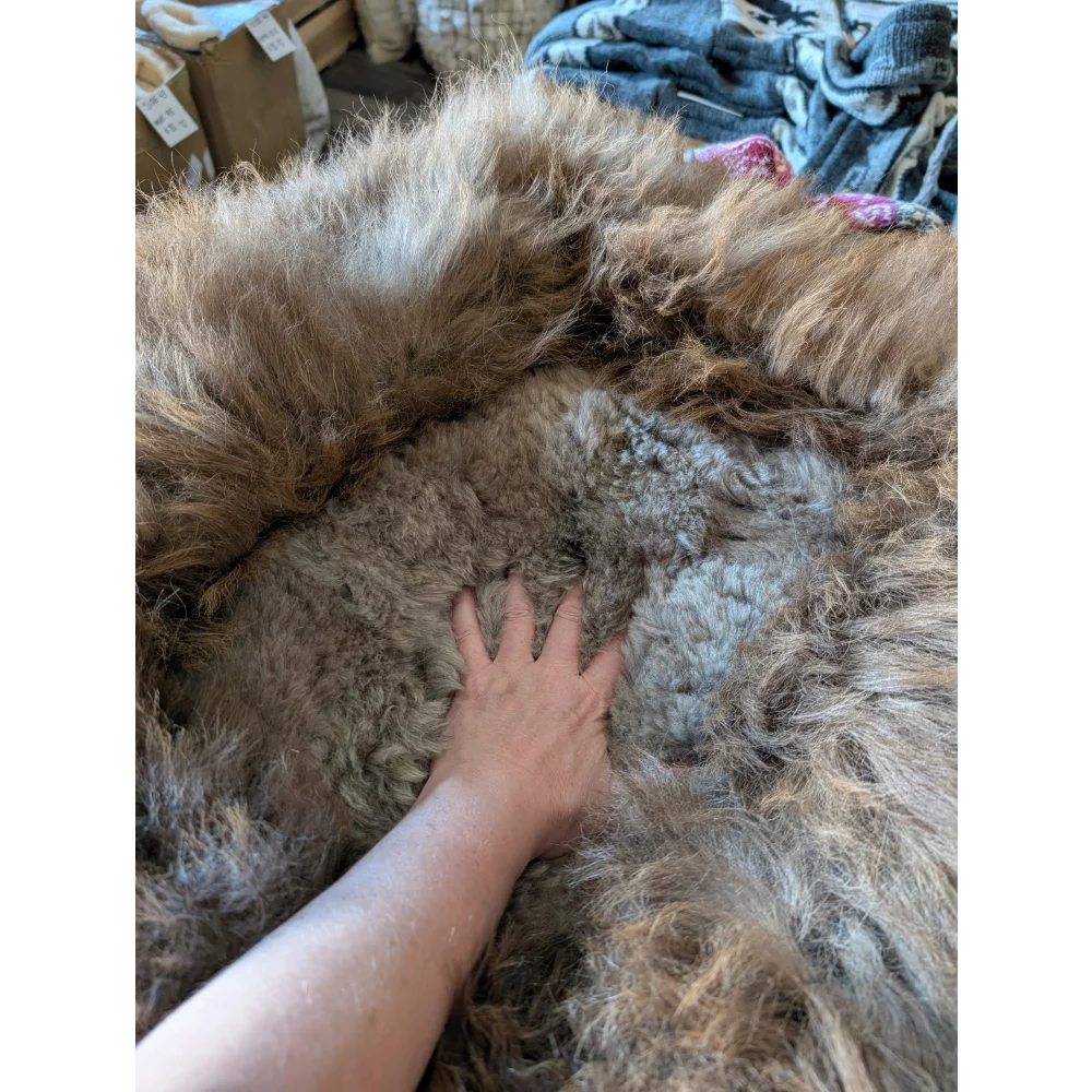 Cozy #13❤️ highland sheepskin pet bed with thick brown and white wool rug texture