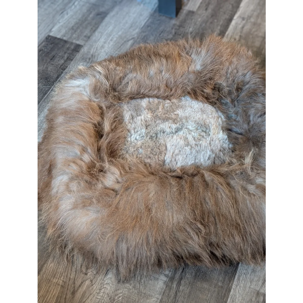 Cozy #13 long wool sheepskin pet bed with plush faux fur in brown tan hues