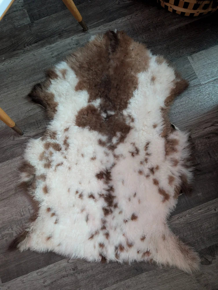 A plush grade a- highland spotted sheepskin rug with soft white and brown speckled natural wool texture
