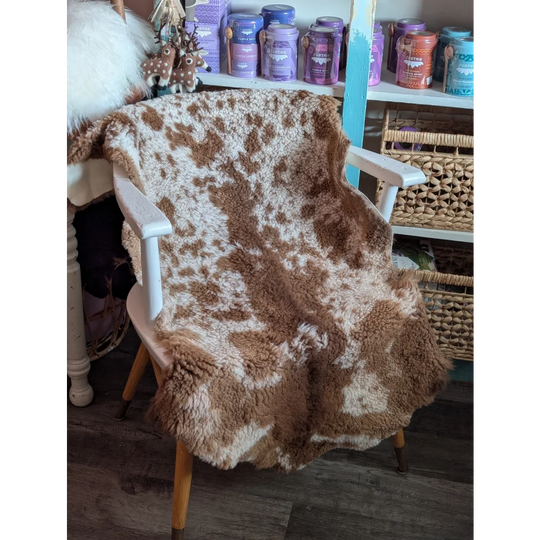 A cozy fluffy brown and white highland spotted grade a- sheepskin blanket draped over a wooden chair