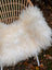A large natural white icelandic sheepskin throw with long wool fibers draped over a wicker chair