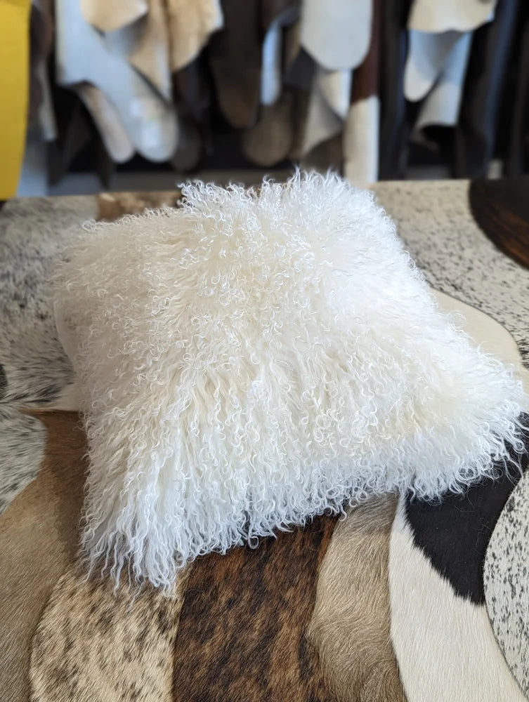 White fluffy Mongolian sheepskin cushion cover with soft textured fur