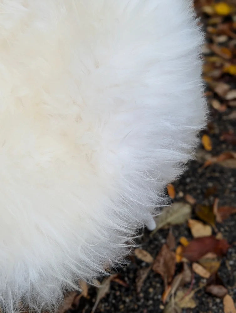A plush large long wool natural white icelandic sheepskin with soft dense fur texture perfect for cozy use
