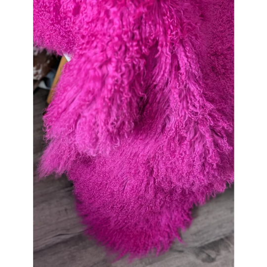 Vibrant hot pink Angus Oliver curly sheepskin throw blanket 65x42 inches