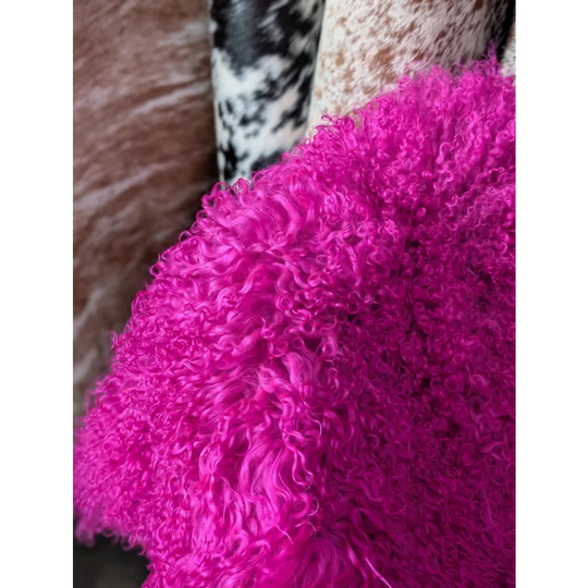 Vibrant hot pink curly sheepskin rug, 65x42 Angus Oliver plush quad size