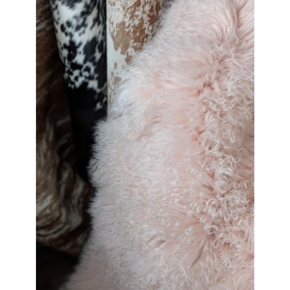 Blush pink Angus Oliver sheepskin throw, fluffy curly 68x45 rug