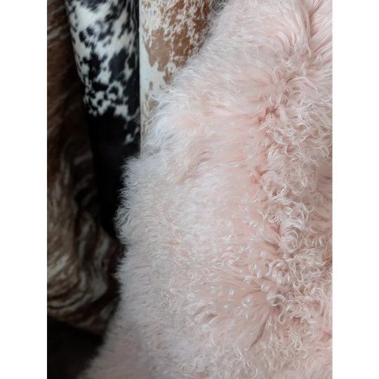 Blush pink Angus Oliver sheepskin throw, fluffy curly 68x45 rug
