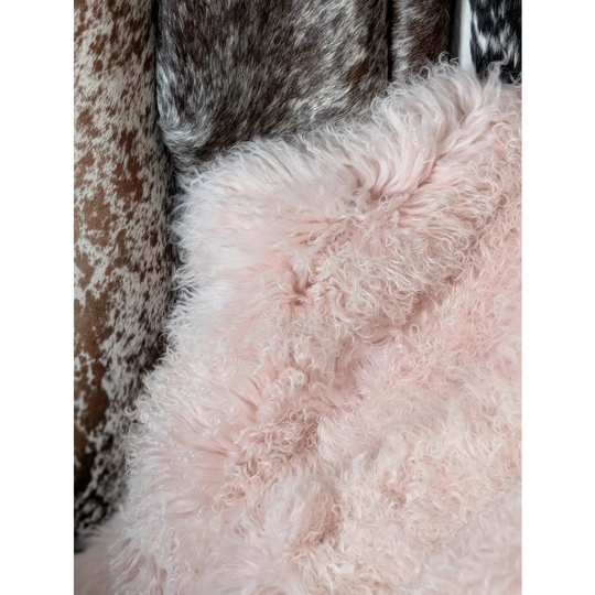 Soft fluffy blush pink sheepskin throw by Angus Oliver, 68x45 curly rug