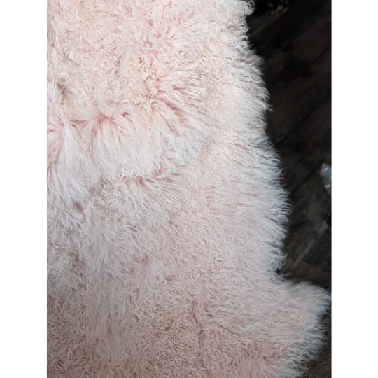 Blush pink Angus Oliver sheepskin rug, soft fluffy 68x45 plush curly texture