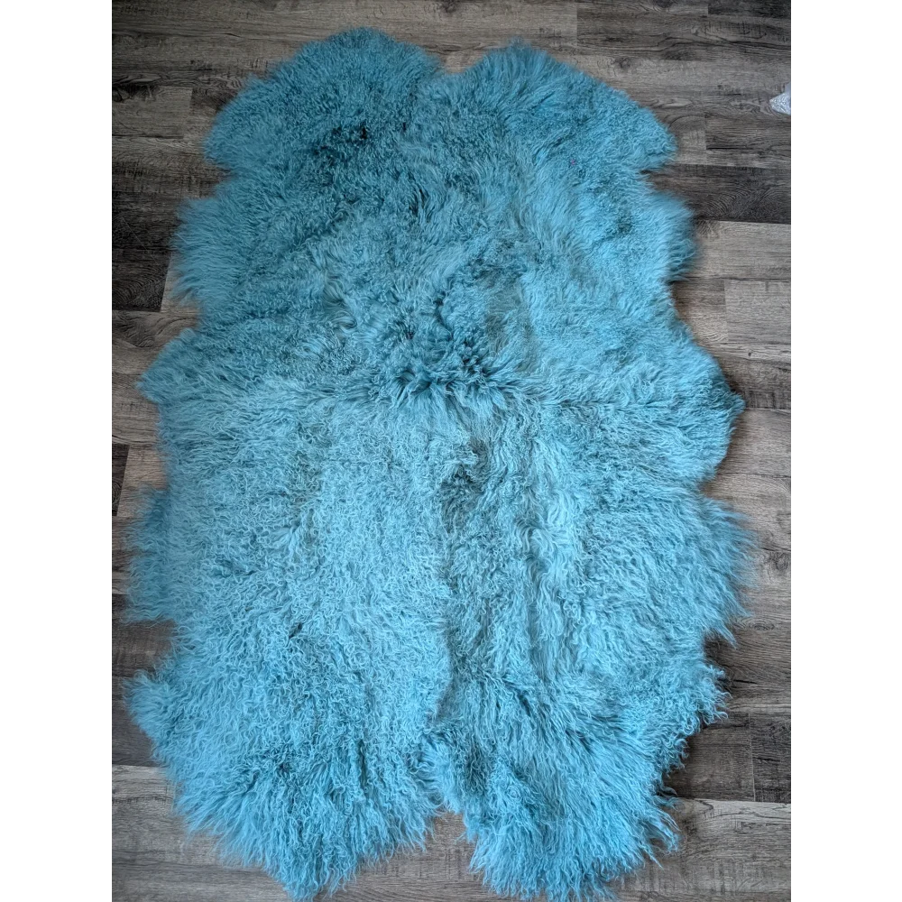 Gorgeous aqua Mongolian sheepskin rug, 72x48in plush turquoise fluff