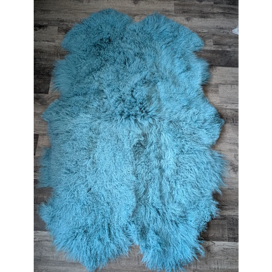 Gorgeous aqua Mongolian sheepskin rug, 72x48in plush turquoise fluff