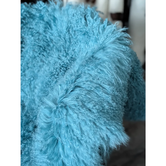 Gorgeous aqua Mongolian sheepskin rug, plush 72x48 quad size for natural home decor